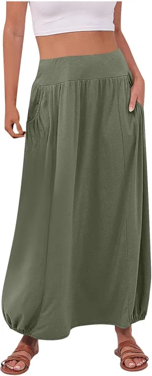 Women's Maxi Skirts 2025 Summer Elastic High Waist Ankle Length Skirt with Pockets Casual Trendy Flowy Beach Skirts