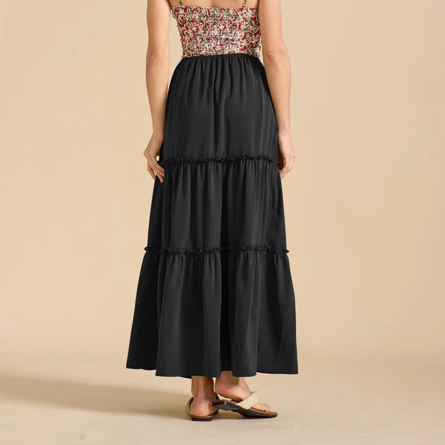 Womens Maxi Skirts Summer Solid Color High Waist Pleated A Line Swing Tiered Skirt Casual Fashion Flowy Boho Skirts