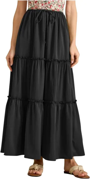 Womens Maxi Skirts Summer Solid Color High Waist Pleated A Line Swing Tiered Skirt Casual Fashion Flowy Boho Skirts