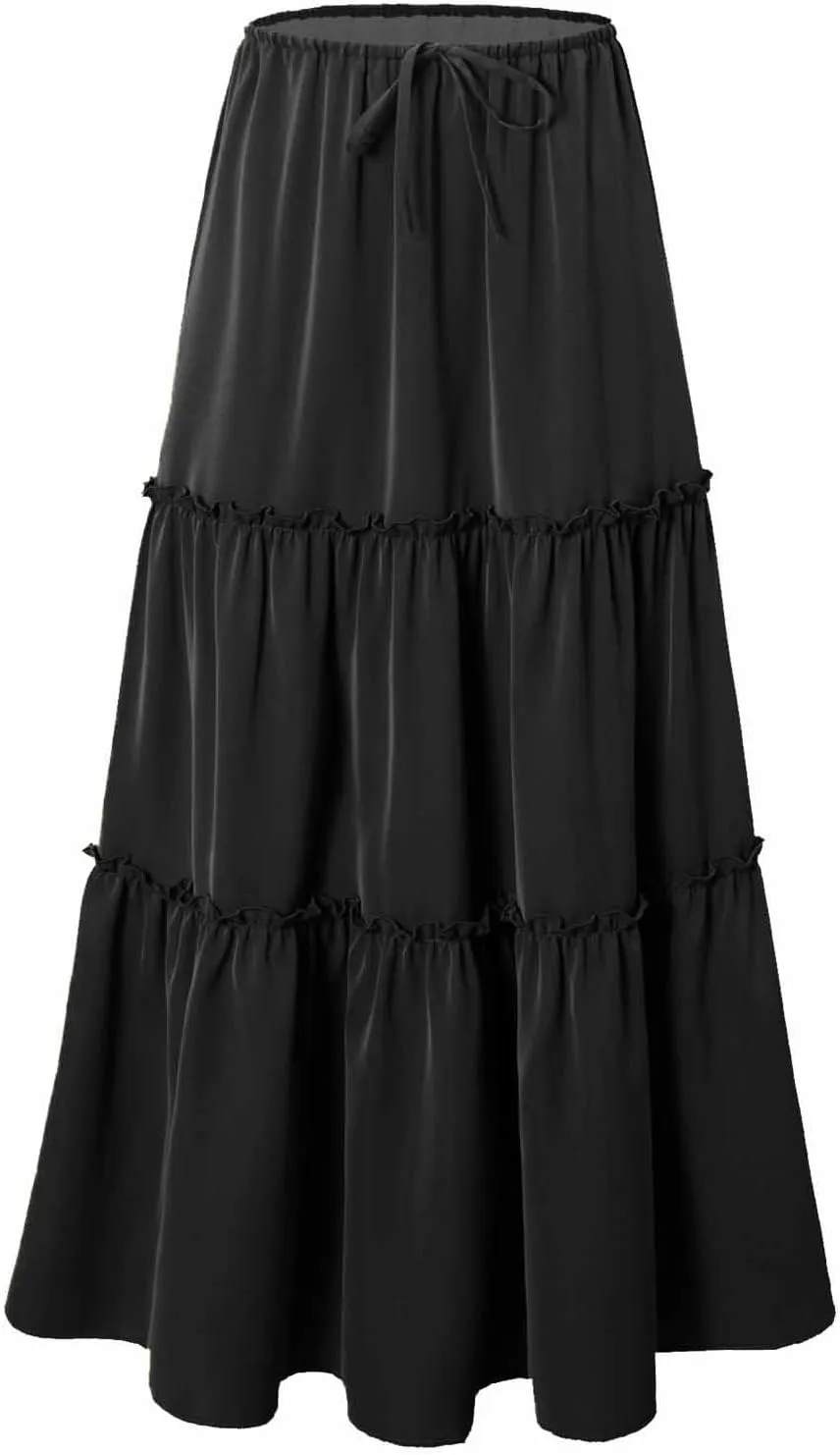 Womens Maxi Skirts Summer Solid Color High Waist Pleated A Line Swing Tiered Skirt Casual Fashion Flowy Boho Skirts