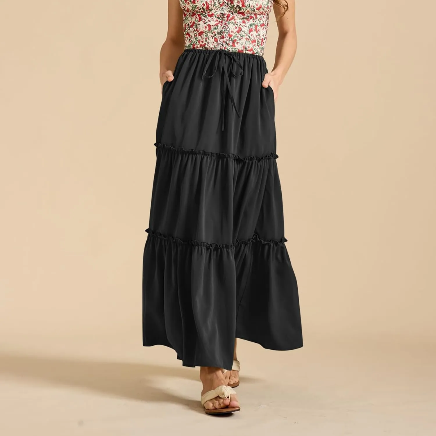 Womens Maxi Skirts Summer Solid Color High Waist Pleated A Line Swing Tiered Skirt Casual Fashion Flowy Boho Skirts