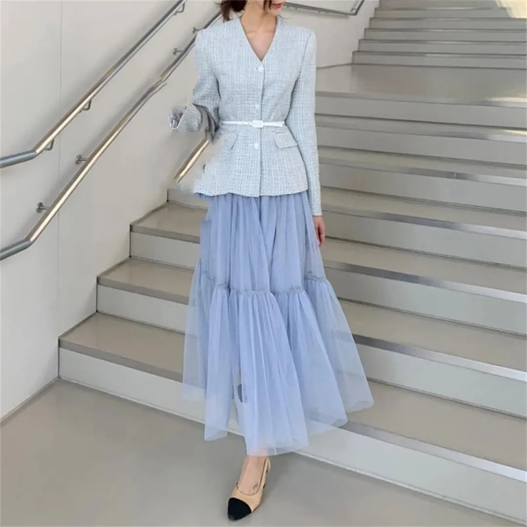 Women's Mesh A-Line Tiered Skirt Spring Summer Elastic High Waist Long Tulle Skirt