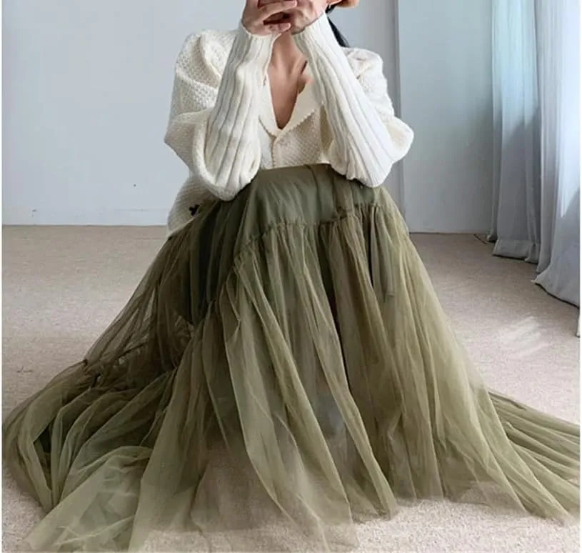 Women's Mesh A-Line Tiered Skirt Spring Summer Elastic High Waist Long Tulle Skirt