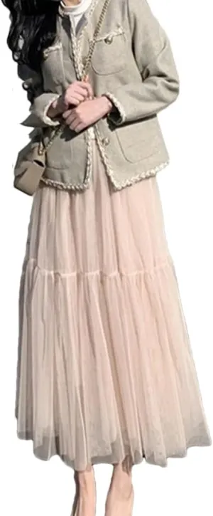 Women's Mesh A-Line Tiered Skirt Spring Summer Elastic High Waist Long Tulle Skirt
