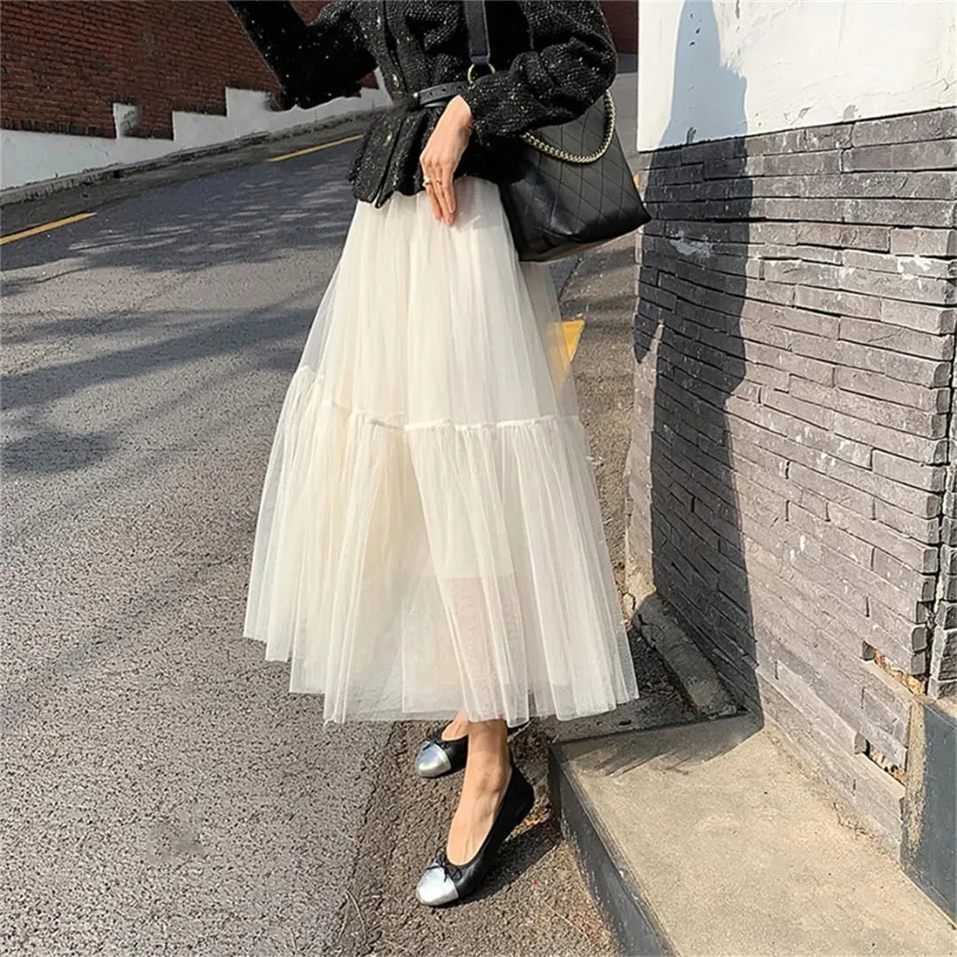 Women's Mesh A-Line Tiered Skirt Spring Summer Elastic High Waist Long Tulle Skirt