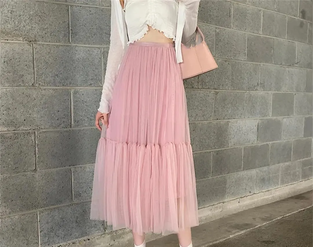 Women's Mesh A-Line Tiered Skirt Spring Summer Elastic High Waist Long Tulle Skirt