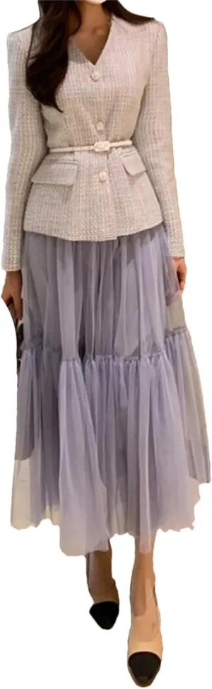 Women's Mesh A-Line Tiered Skirt Spring Summer Elastic High Waist Long Tulle Skirt