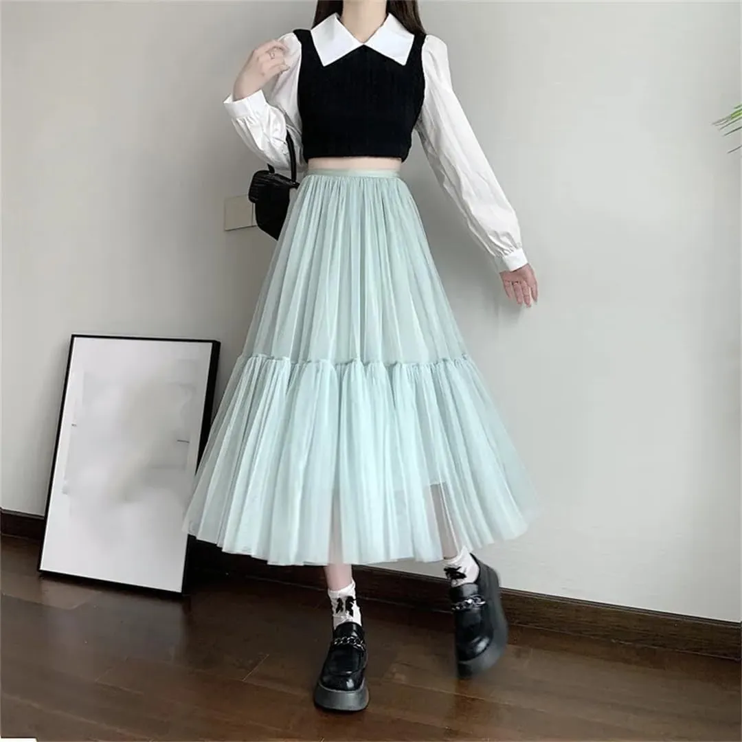 Women's Mesh A-Line Tiered Skirt Spring Summer Elastic High Waist Long Tulle Skirt
