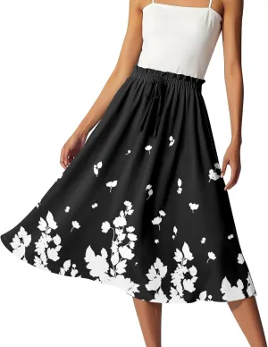 Women's Midi Boho Floral Skirts Trendy A Line Skirt Drawstring High Elastic Waist Comfy Flowy Skorts