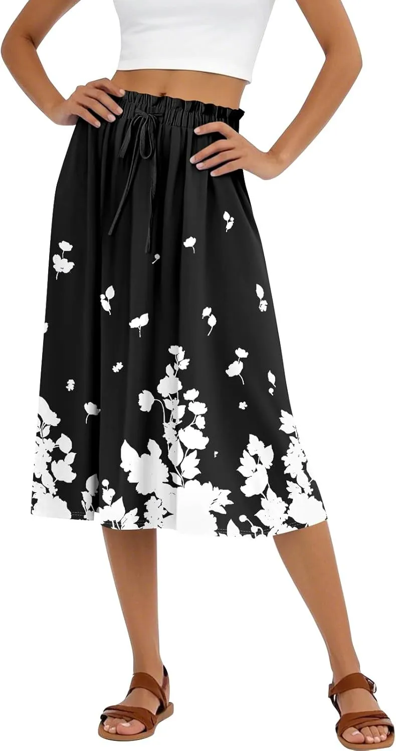 Women's Midi Boho Floral Skirts Trendy A Line Skirt Drawstring High Elastic Waist Comfy Flowy Skorts