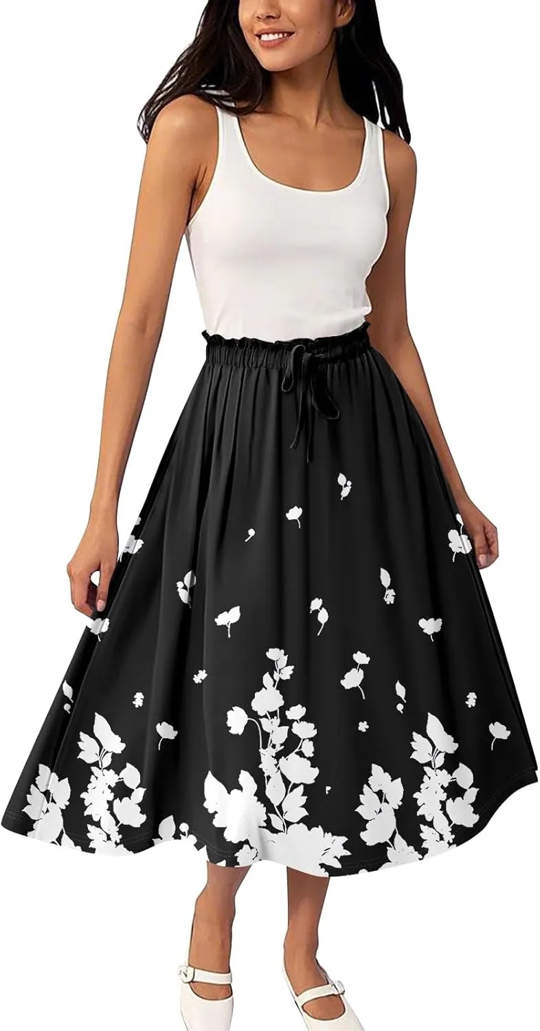 Women's Midi Boho Floral Skirts Trendy A Line Skirt Drawstring High Elastic Waist Comfy Flowy Skorts