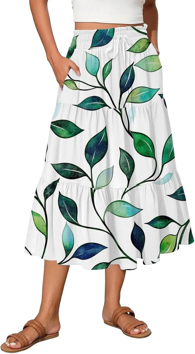 Women's Midi Skirts High Waist A-Line Flowy Summer Skirts for Women Trendy