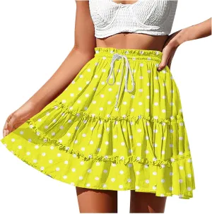 Women's Mini Skirts Summer Floral High Waist Ruffle Drawstring Tie Polka Dots Short Skirt Flowy Beach Skirts