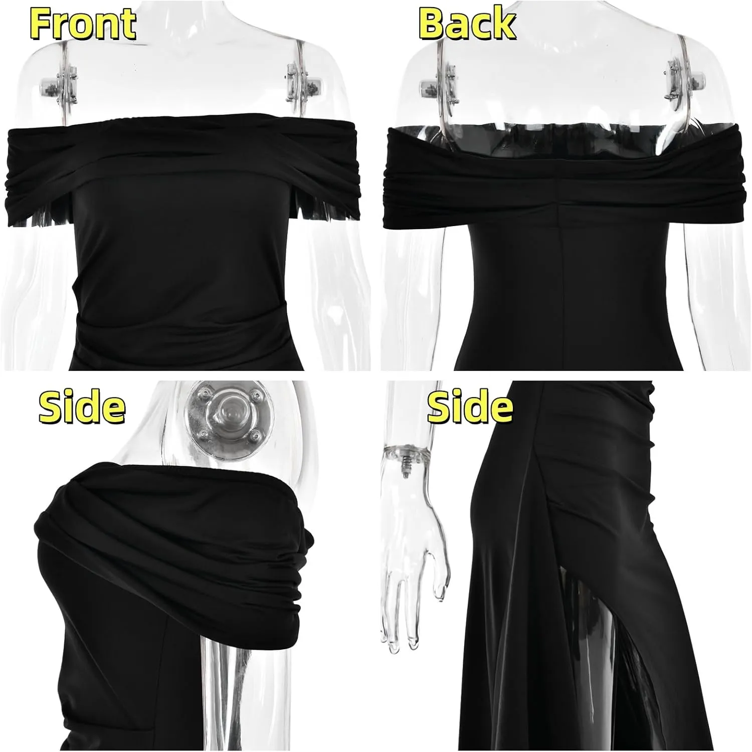 Womens Off Shoulder High Slit Ruffled Side Club Dresses Bodycon Waist Ruched Elegant Floor Dresses