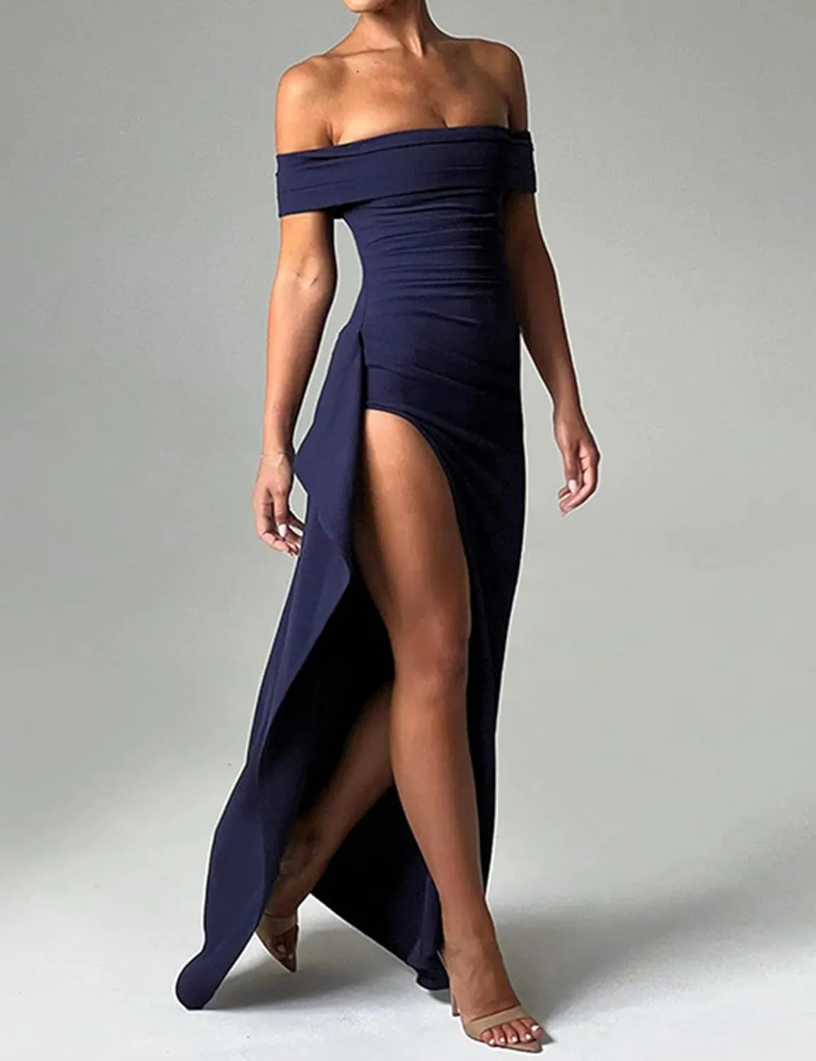 Womens Off Shoulder High Slit Ruffled Side Club Dresses Bodycon Waist Ruched Elegant Floor Dresses