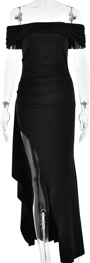 Womens Off Shoulder High Slit Ruffled Side Club Dresses Bodycon Waist Ruched Elegant Floor Dresses
