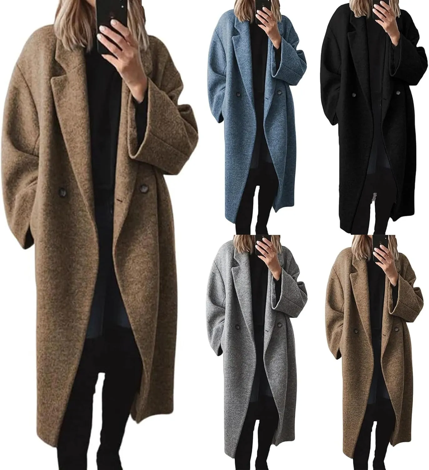 Women's Oversized Wool Blend Coat Lightweight Notched Collar Button Down Lapel Long Trench Coat Business Pea Coat