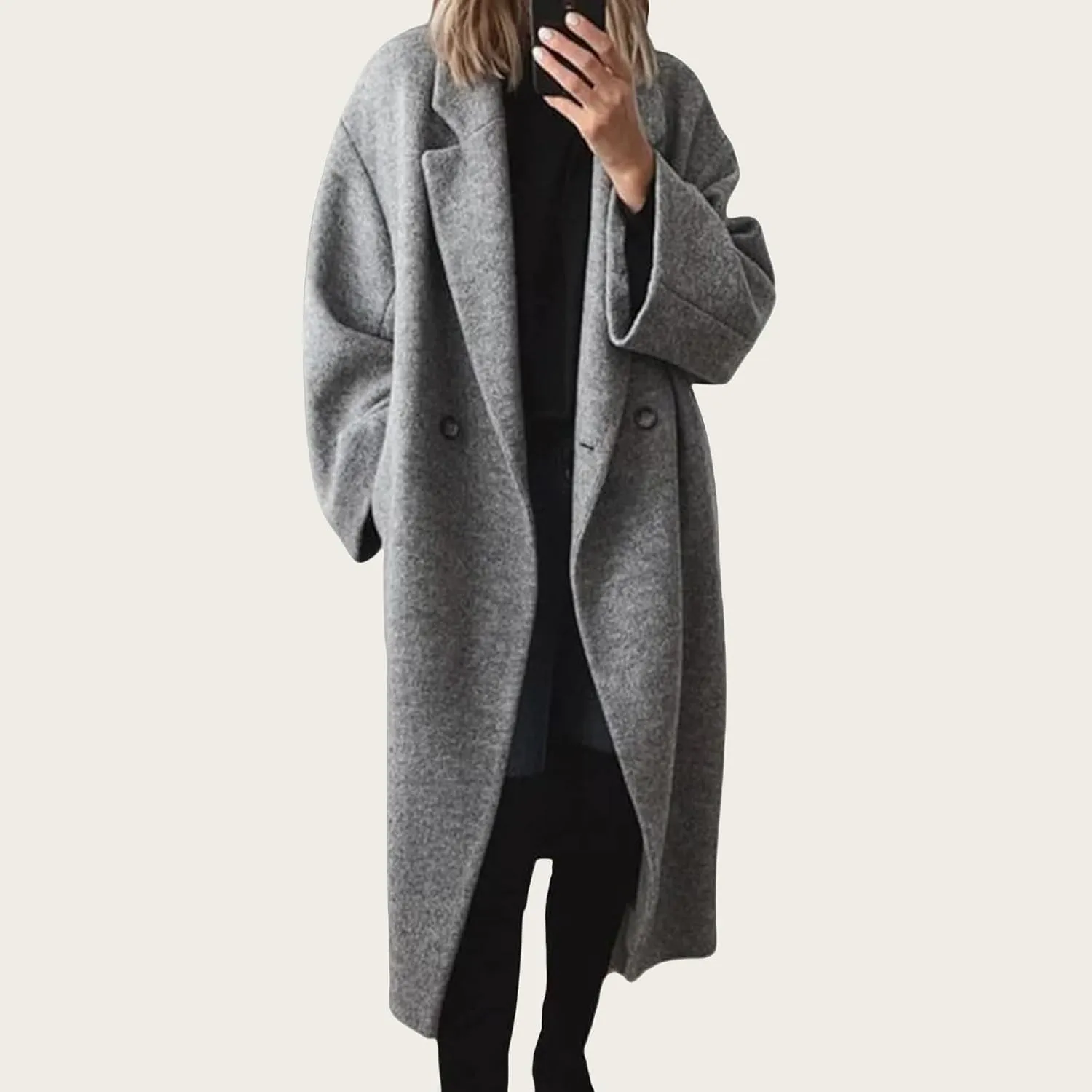 Women's Oversized Wool Blend Coat Lightweight Notched Collar Button Down Lapel Long Trench Coat Business Pea Coat