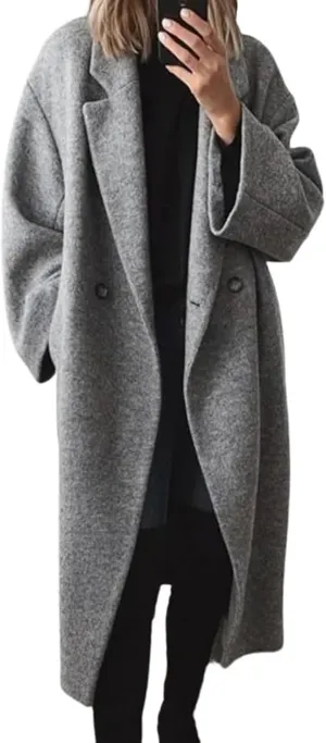 Women's Oversized Wool Blend Coat Lightweight Notched Collar Button Down Lapel Long Trench Coat Business Pea Coat