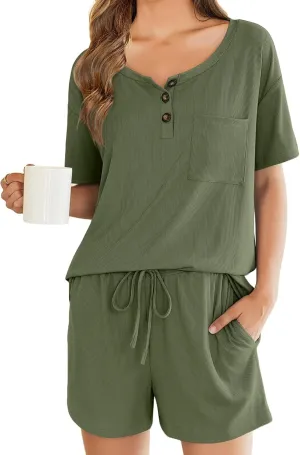 Womens Pajama Sets 2 Piece Ribbed Knit Pjs Short Sleeve Top and Drawstring Shorts Soft Sleepwear Summer Lounge Wear