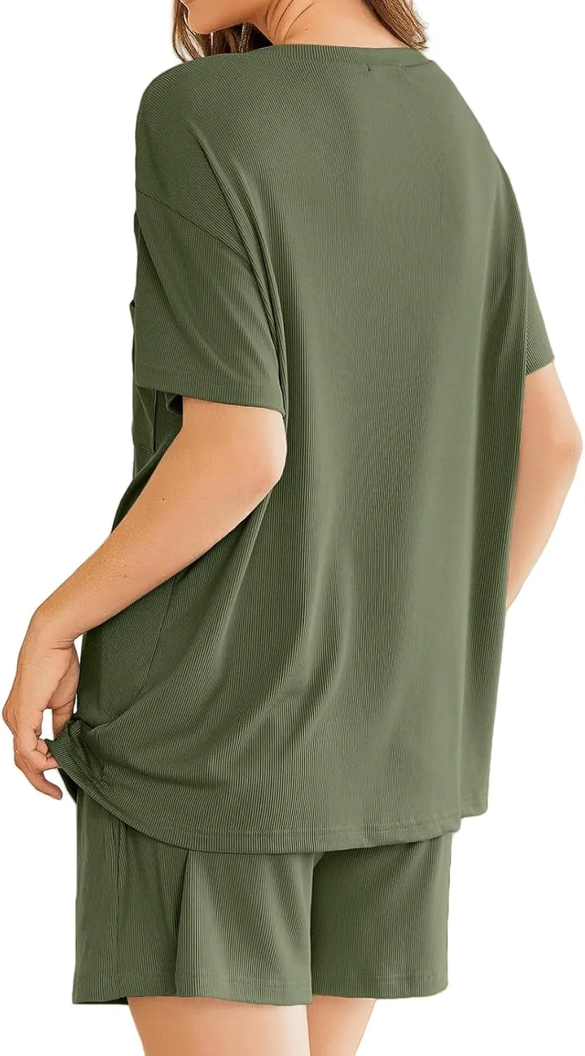 Womens Pajama Sets 2 Piece Ribbed Knit Pjs Short Sleeve Top and Drawstring Shorts Soft Sleepwear Summer Lounge Wear