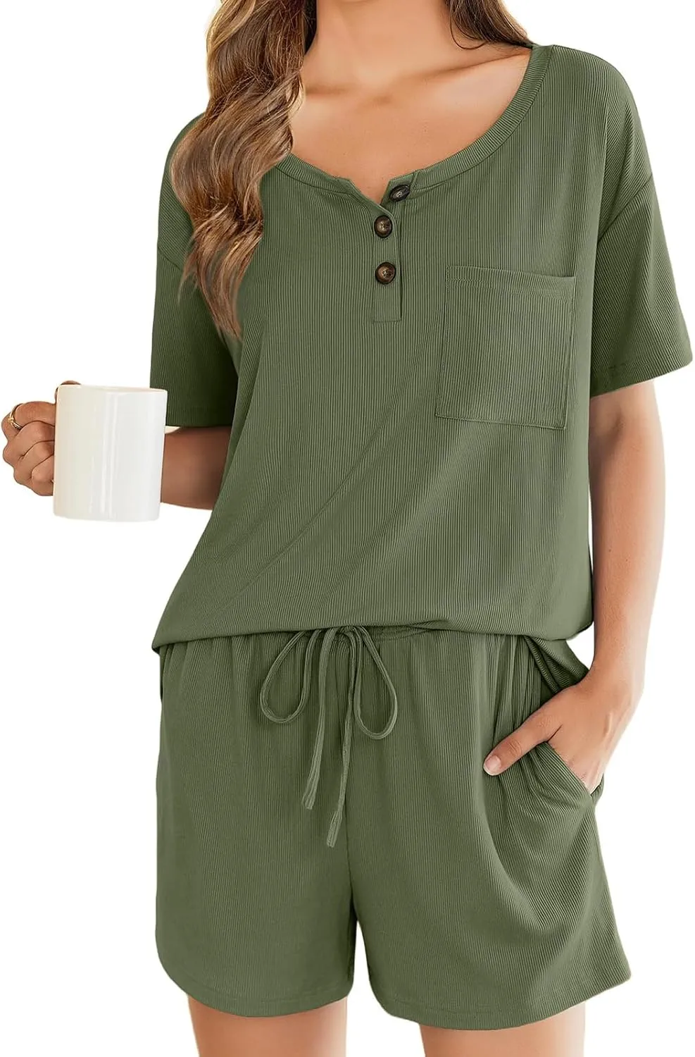 Womens Pajama Sets 2 Piece Ribbed Knit Pjs Short Sleeve Top and Drawstring Shorts Soft Sleepwear Summer Lounge Wear