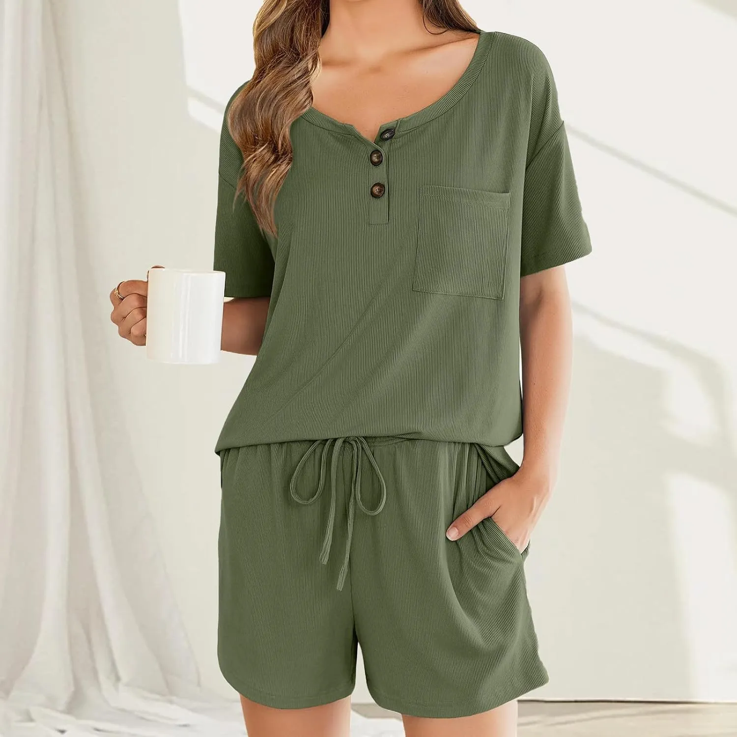 Womens Pajama Sets 2 Piece Ribbed Knit Pjs Short Sleeve Top and Drawstring Shorts Soft Sleepwear Summer Lounge Wear