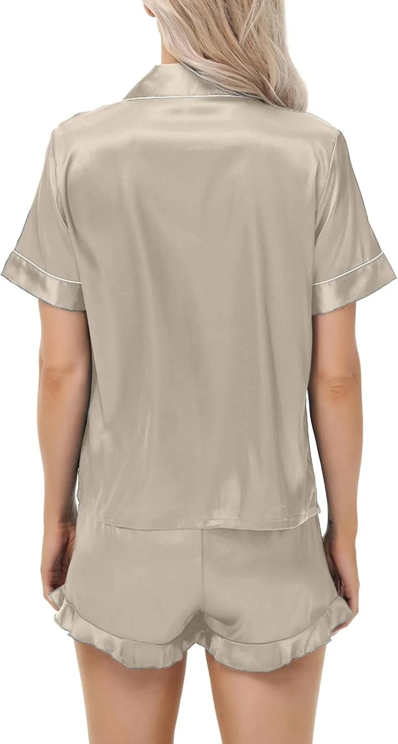 Women's Pajama Sets 2 Piece Silk Satin Pjs Soft Short Sleeve Button Down Sleepwear Top and Shorts Comfort Lounge Set