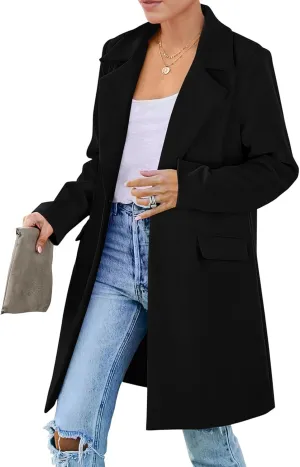 Women's Pea Coat Long Sleeve Lapel Coat Wool Blend Button Down Trench Casual Lightweight Outerwear with Pocket