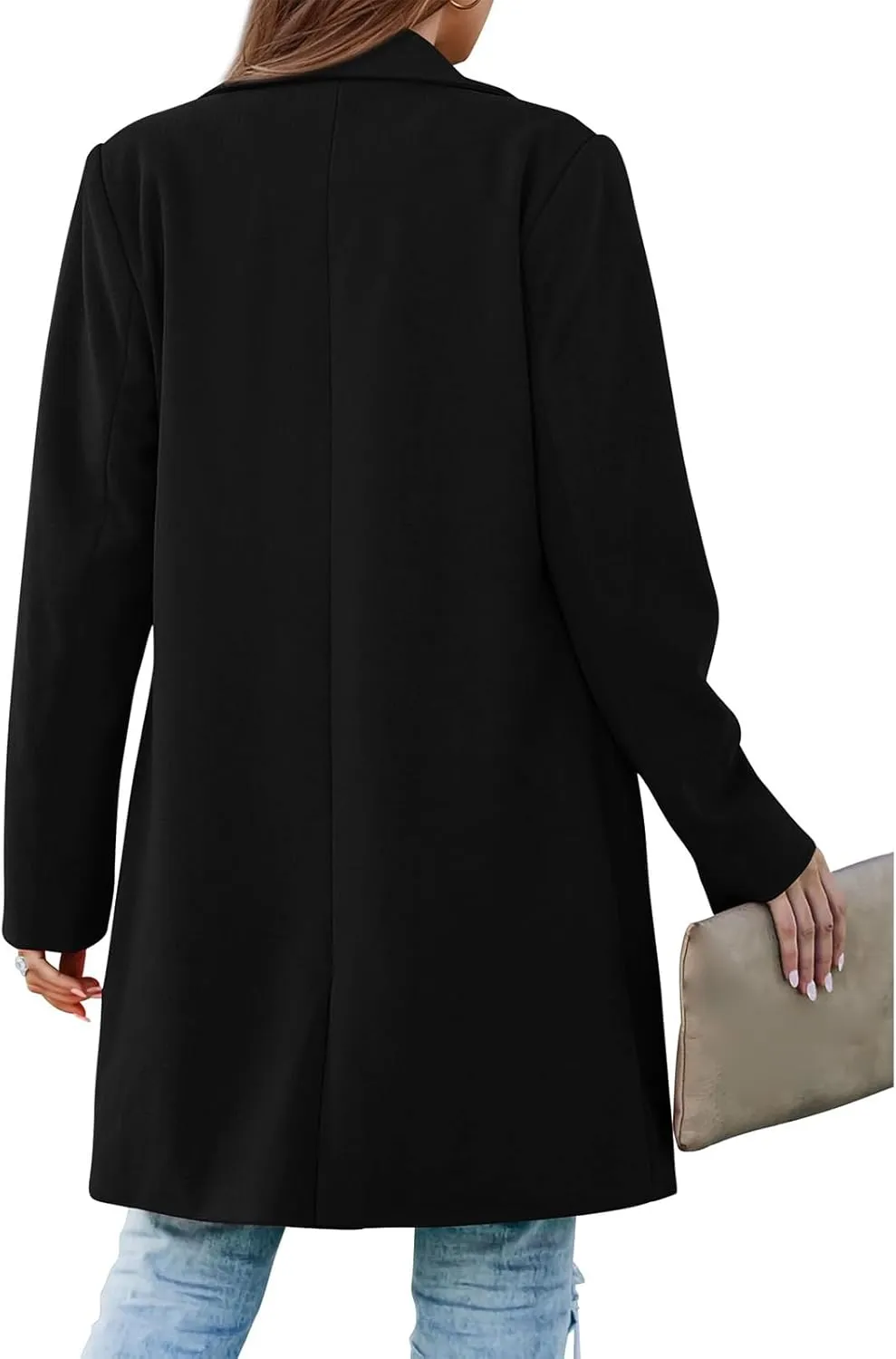 Women's Pea Coat Long Sleeve Lapel Coat Wool Blend Button Down Trench Casual Lightweight Outerwear with Pocket