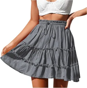 Womens Pleated Mini Skirts High Waist Drawstring Summer Beach Vacation Skirt Solid Color A-Line Flowy Short Skirt