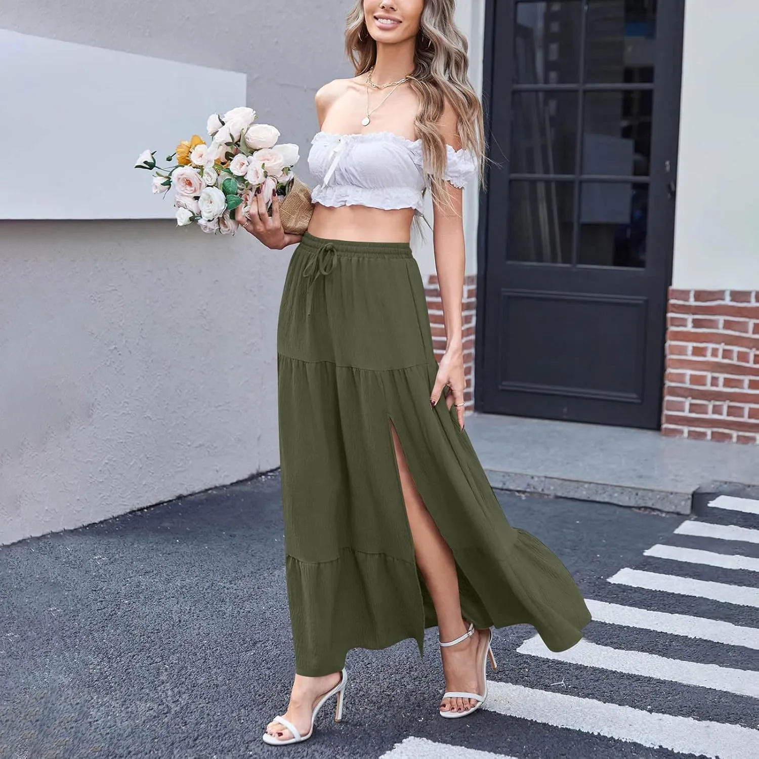 Women's Plus Size Skirt 2025 Summer Boho Slit Flowy Maxi Skirts Trendy Elastic Waist A Line Tiered Beach Long Skirts