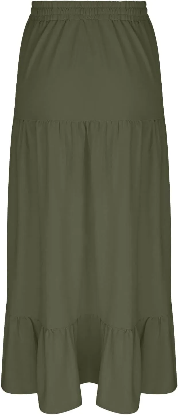 Women's Plus Size Skirt 2025 Summer Boho Slit Flowy Maxi Skirts Trendy Elastic Waist A Line Tiered Beach Long Skirts
