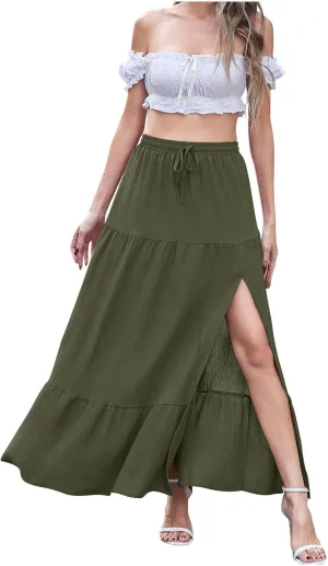 Women's Plus Size Skirt 2025 Summer Boho Slit Flowy Maxi Skirts Trendy Elastic Waist A Line Tiered Beach Long Skirts
