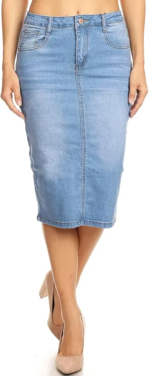 Womens Plus/Juniors Mid Waist Below Knee Length Denim Skirt in Pencil Silhouette