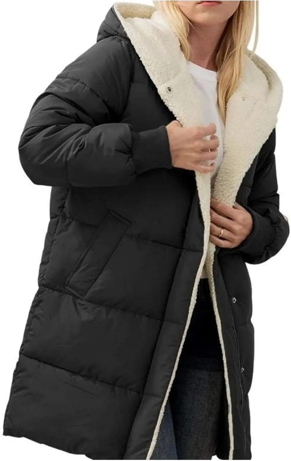 Women's Puffer Jacket Zipper Button Hooded Down Jacket Sherpa Fleece Lined Thickened Jacket Winter Warm Down Coat