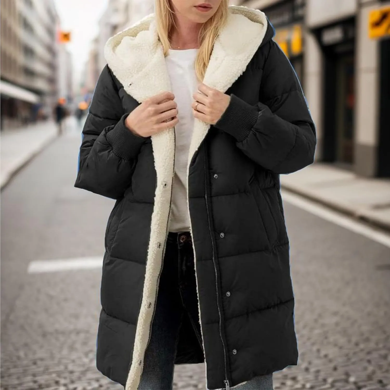 Women's Puffer Jacket Zipper Button Hooded Down Jacket Sherpa Fleece Lined Thickened Jacket Winter Warm Down Coat
