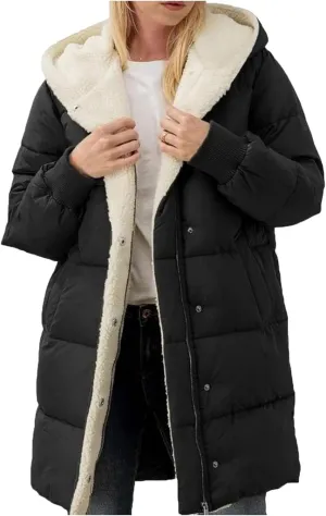 Women's Puffer Jacket Zipper Button Hooded Down Jacket Sherpa Fleece Lined Thickened Jacket Winter Warm Down Coat
