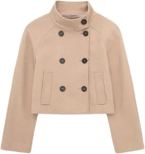 Women's Retro Stand Up Collar Double Breasted Black Wool Coat Long Sleeved Double Breasted Stand Up Collar Blended Wool Coat