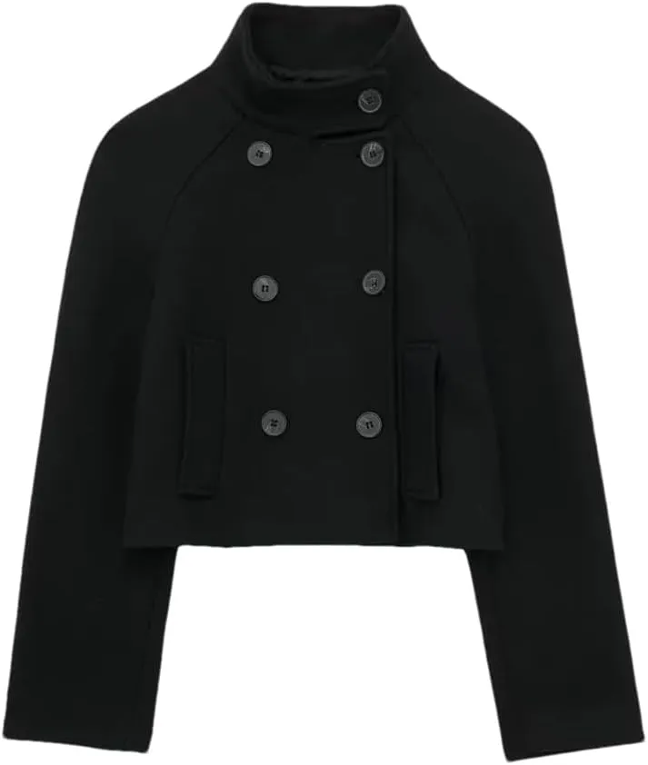 Women's Retro Stand Up Collar Double Breasted Black Wool Coat Long Sleeved Double Breasted Stand Up Collar Blended Wool Coat
