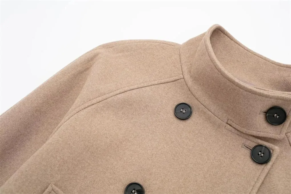 Women's Retro Stand Up Collar Double Breasted Black Wool Coat Long Sleeved Double Breasted Stand Up Collar Blended Wool Coat