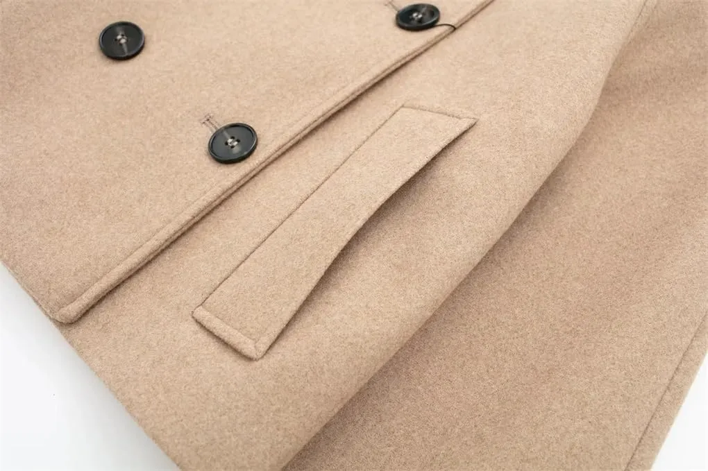 Women's Retro Stand Up Collar Double Breasted Black Wool Coat Long Sleeved Double Breasted Stand Up Collar Blended Wool Coat