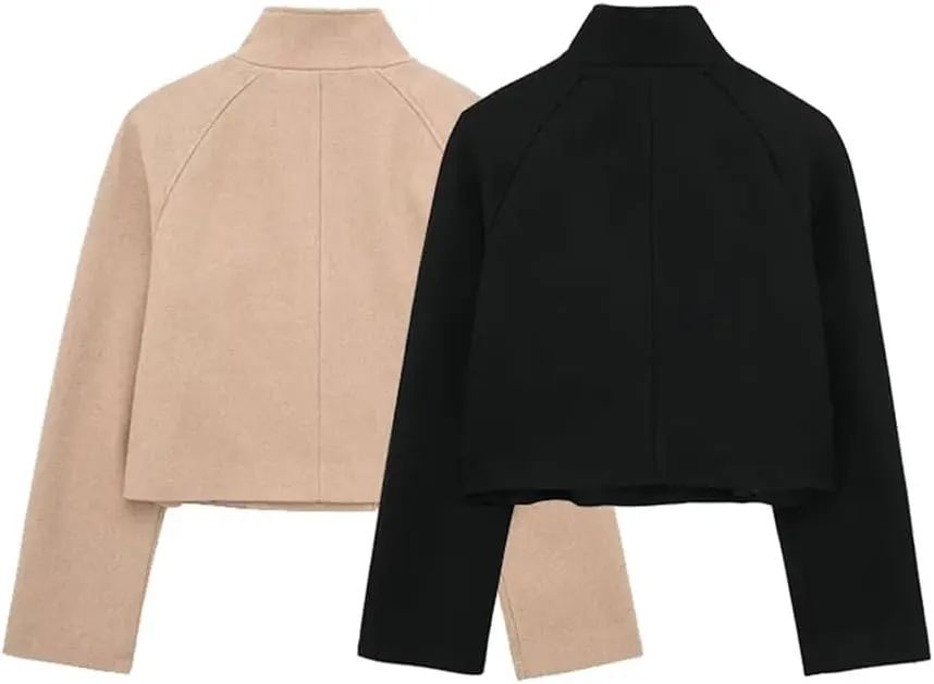 Women's Retro Stand Up Collar Double Breasted Black Wool Coat Long Sleeved Double Breasted Stand Up Collar Blended Wool Coat