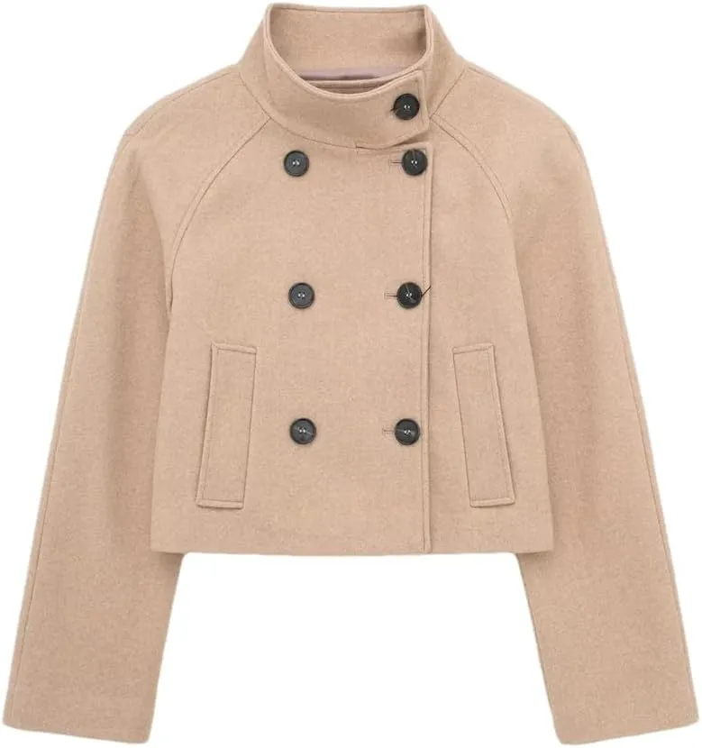 Women's Retro Stand Up Collar Double Breasted Black Wool Coat Long Sleeved Double Breasted Stand Up Collar Blended Wool Coat