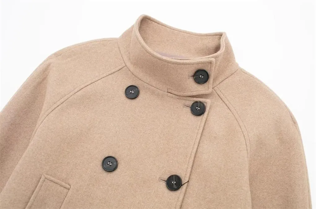 Women's Retro Stand Up Collar Double Breasted Black Wool Coat Long Sleeved Double Breasted Stand Up Collar Blended Wool Coat