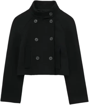 Women's Retro Stand Up Collar Double Breasted Black Wool Coat Long Sleeved Double Breasted Stand Up Collar Blended Wool Coat