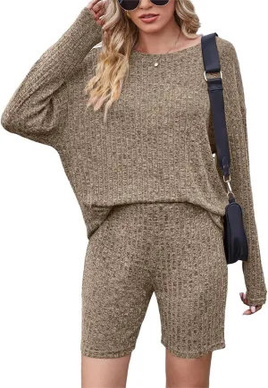 Womens Ribbed Knit Lounge Sets 2 Piece Long Sleeve T-shirt Bike Shorts Pajama Sets Stretchy Matching Outfits Loungewear