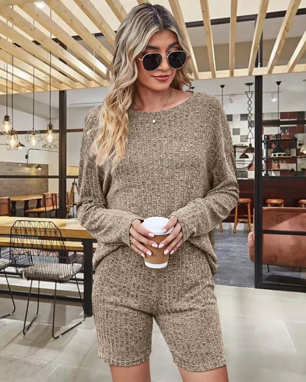 Womens Ribbed Knit Lounge Sets 2 Piece Long Sleeve T-shirt Bike Shorts Pajama Sets Stretchy Matching Outfits Loungewear