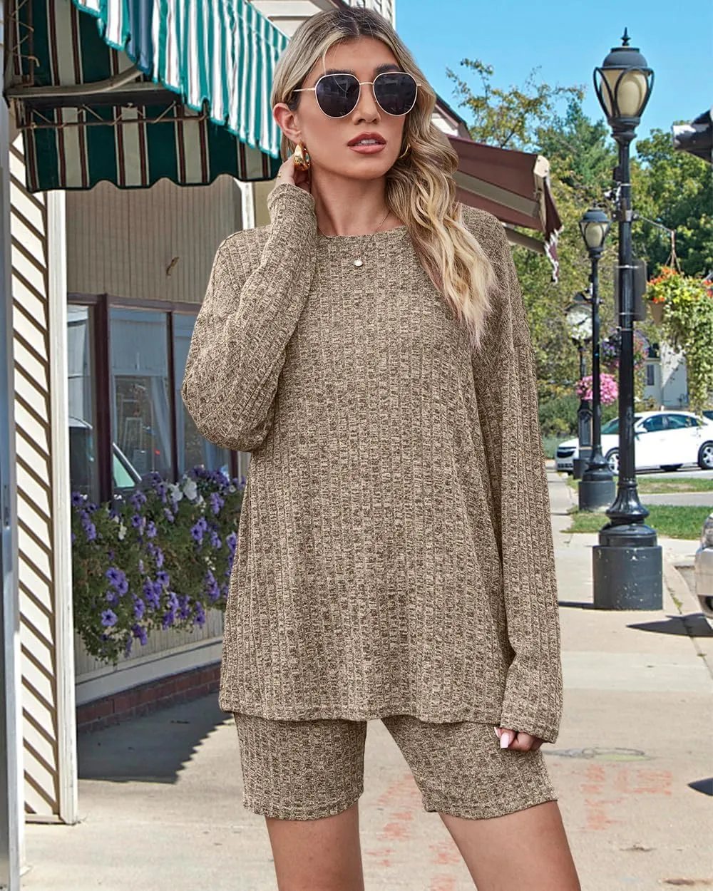 Womens Ribbed Knit Lounge Sets 2 Piece Long Sleeve T-shirt Bike Shorts Pajama Sets Stretchy Matching Outfits Loungewear