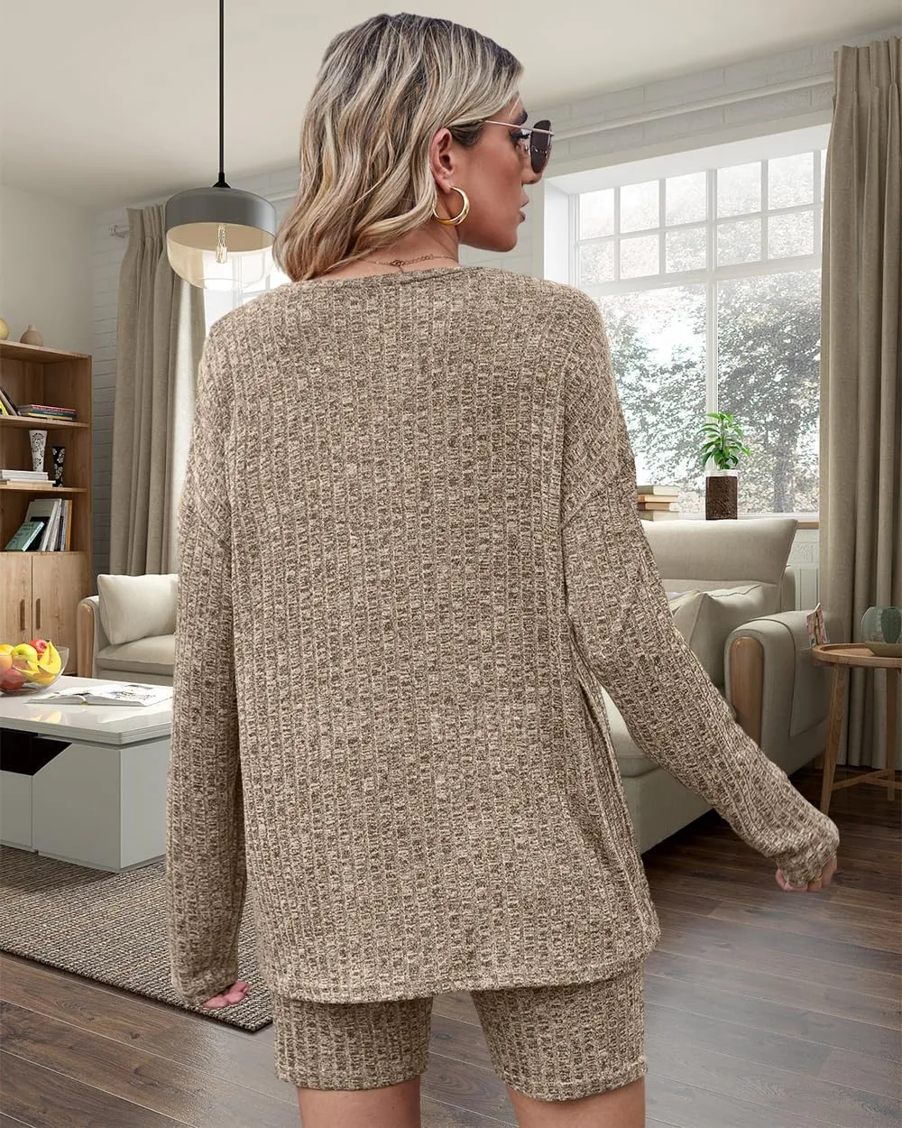 Womens Ribbed Knit Lounge Sets 2 Piece Long Sleeve T-shirt Bike Shorts Pajama Sets Stretchy Matching Outfits Loungewear